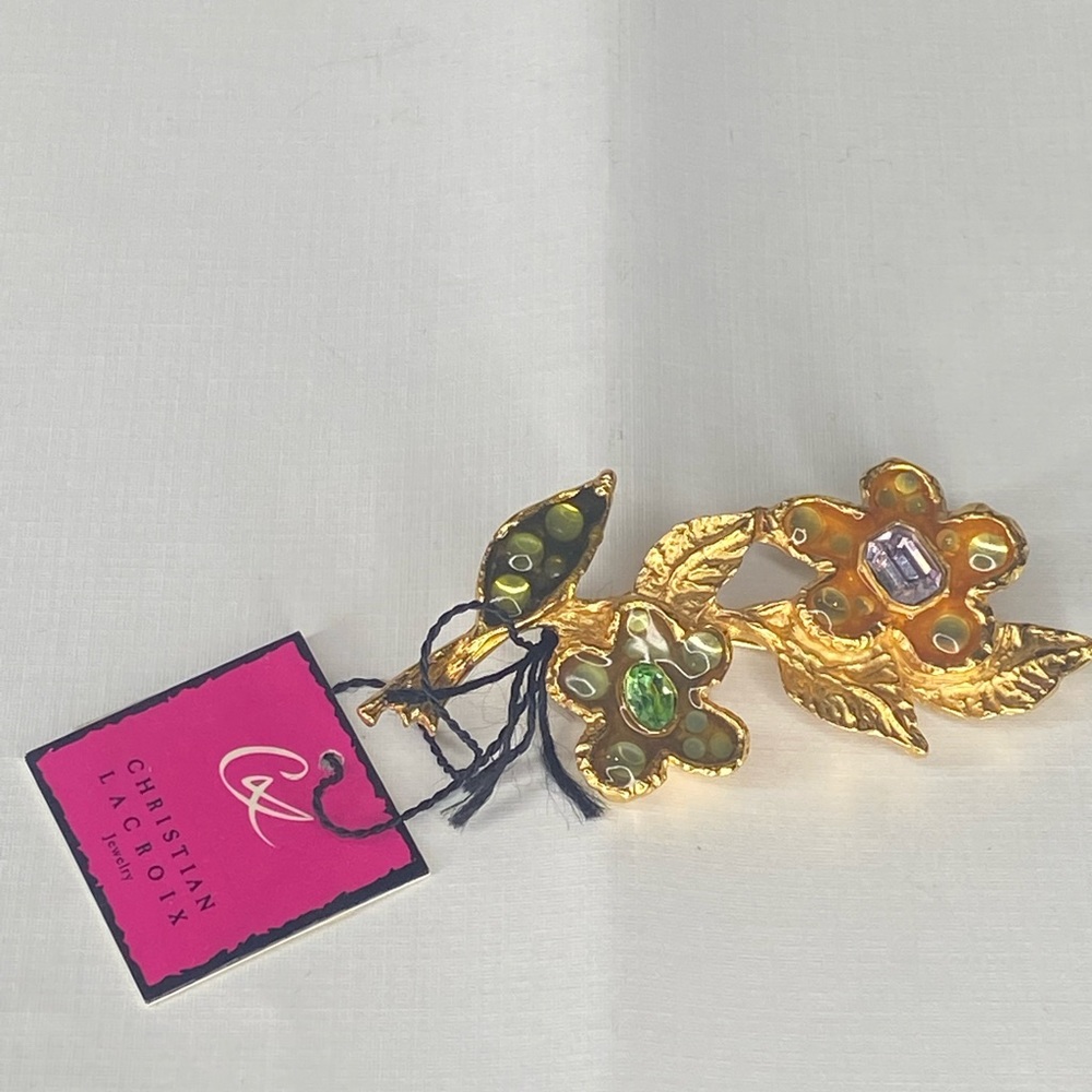 Christian LaCroix Vintage Gold Toned Enamel double flower pin brooch New